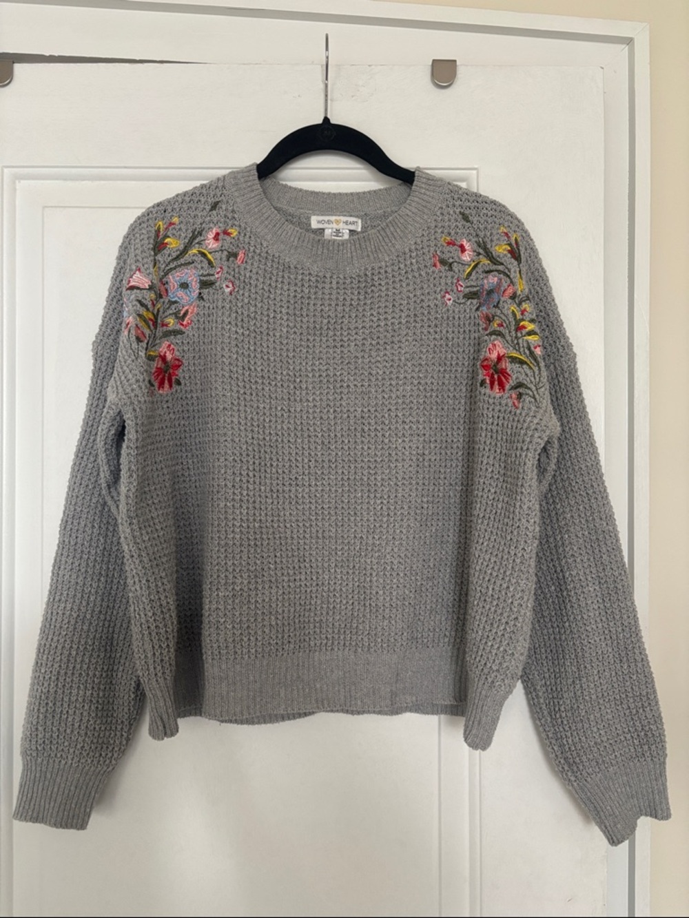 Vintage Grey Sweater with Floral Embroidery Details